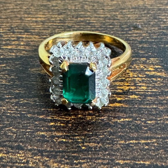 Vintage Emerald Green and Gold Halo Ring - Picture 2 of 14